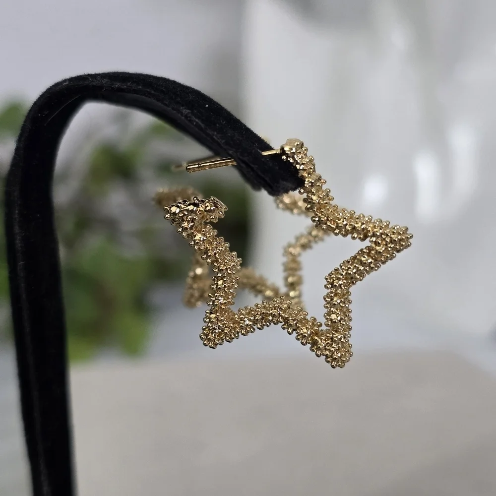 Gold Filled Textured Star Hoop Earrings - Picture 5 of 7